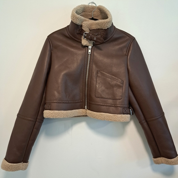 Garage Cropped Aviator Jacket Sherpa Lined Coat Brown Faux Leather Women's Sz M - Picture 5 of 16